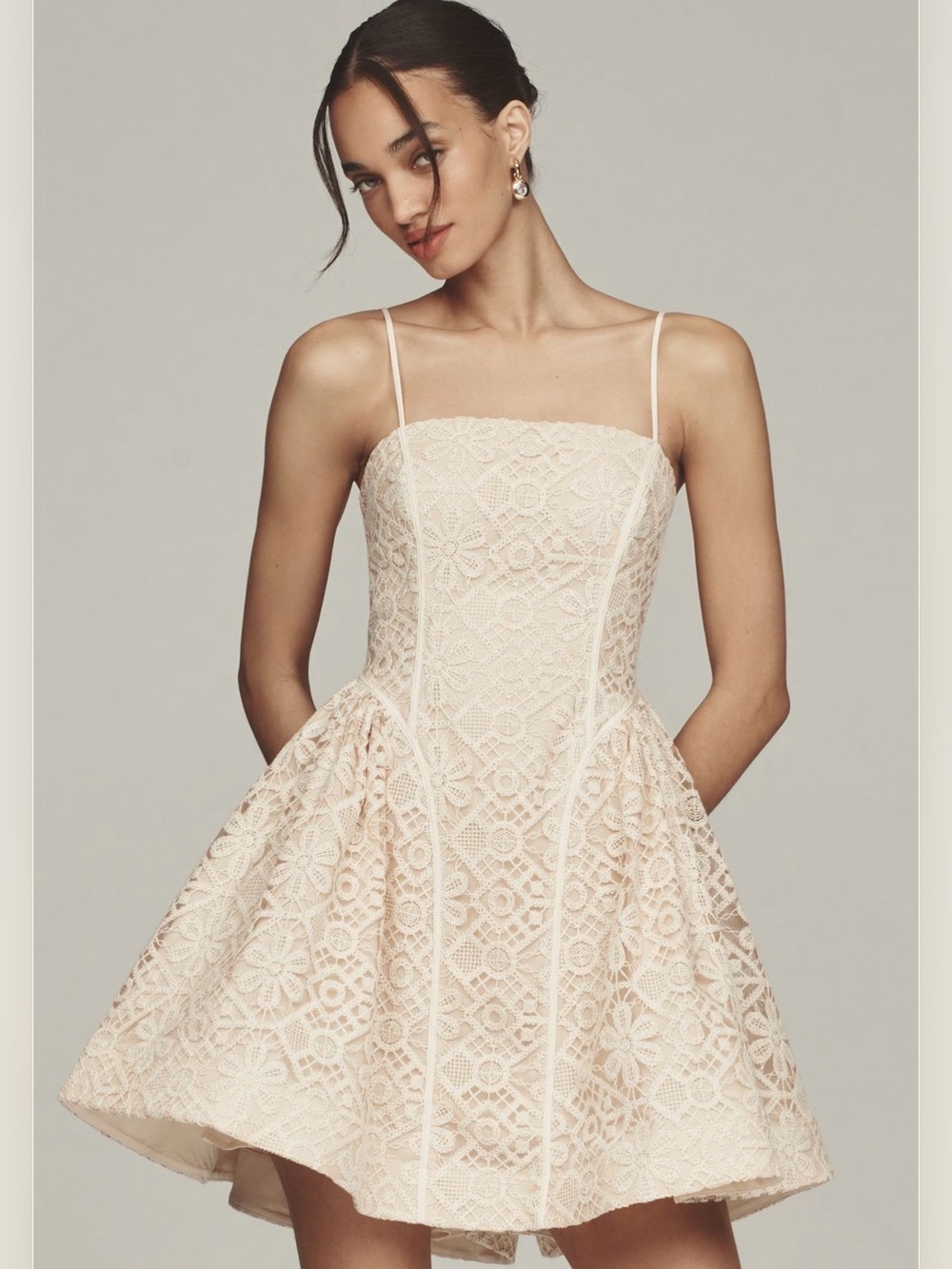 Anthropologie Lace Spaghetti-Strap Mini Dress in Cream